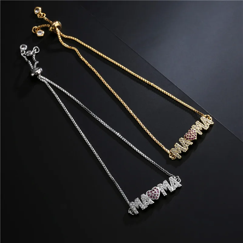 Fashion Gold Color "Mama" Charm Bracelets For Women Girl Adjustable Chain Length Luxury CZ Jewelry Gift For Mom