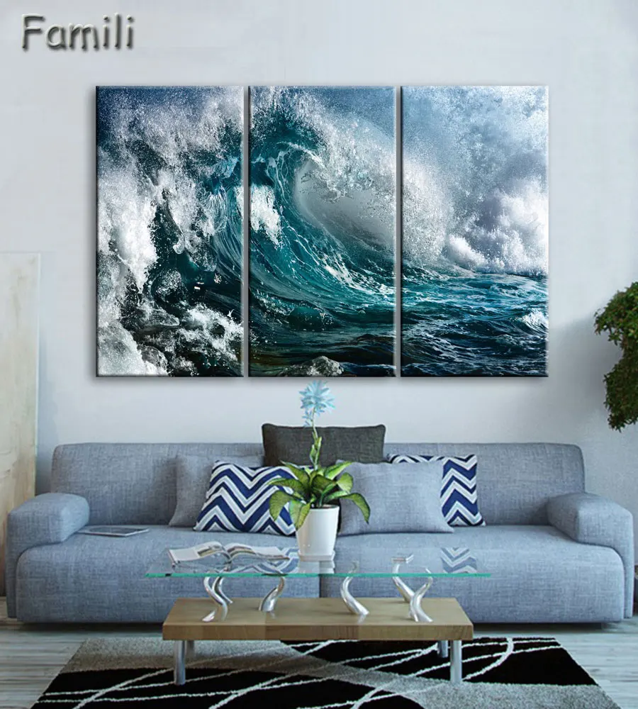 

3Pieces Art Modern sea green blue beach Wave picture decoration canvas painting wall picture for living room home decor unframed