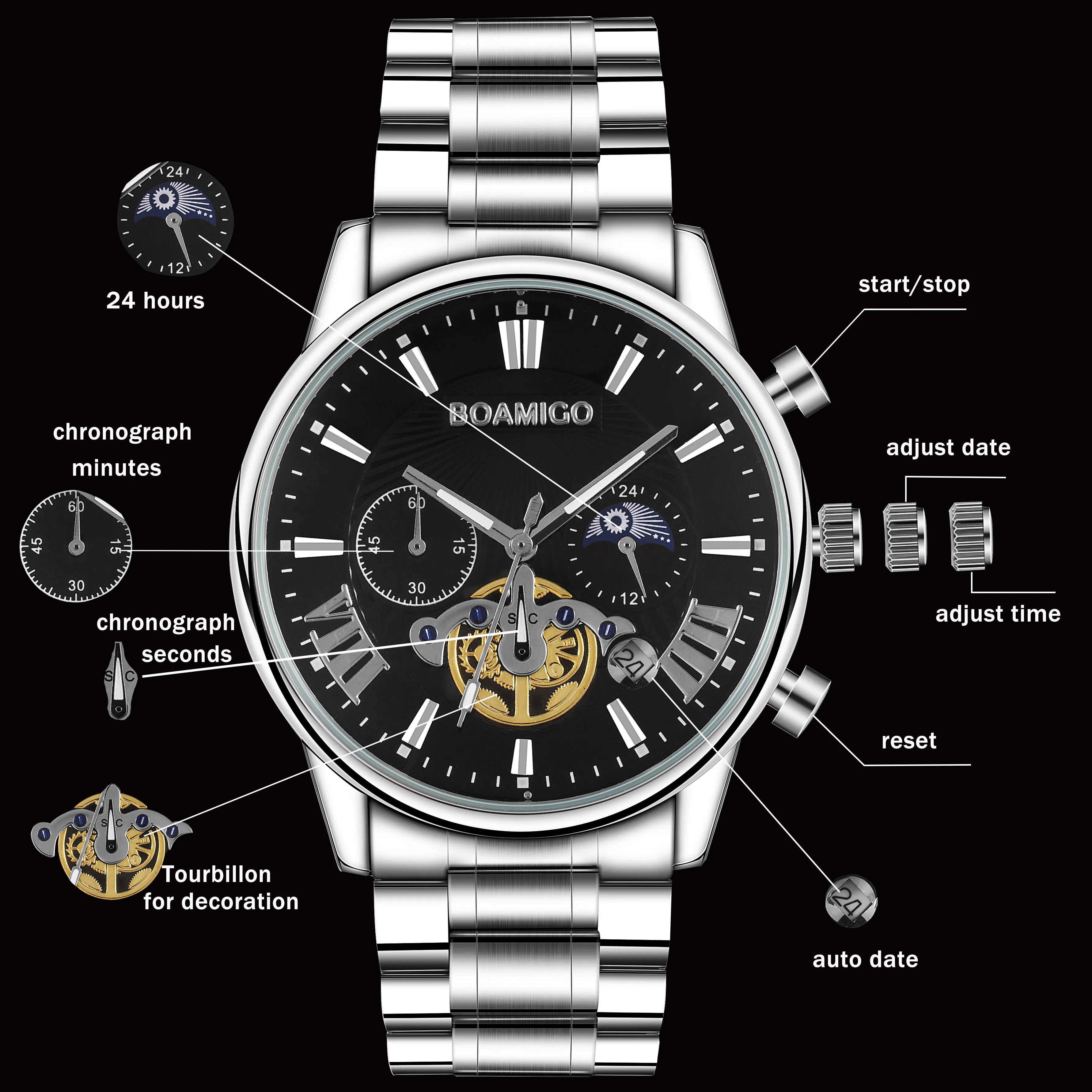 BOAMIGO, мужские часы, Топ бренд, Роскошные, водонепроницаемые, модные, кварцевые, бизнес, мужские часы, часы, повседневные, механические, турбийон, Wist часы