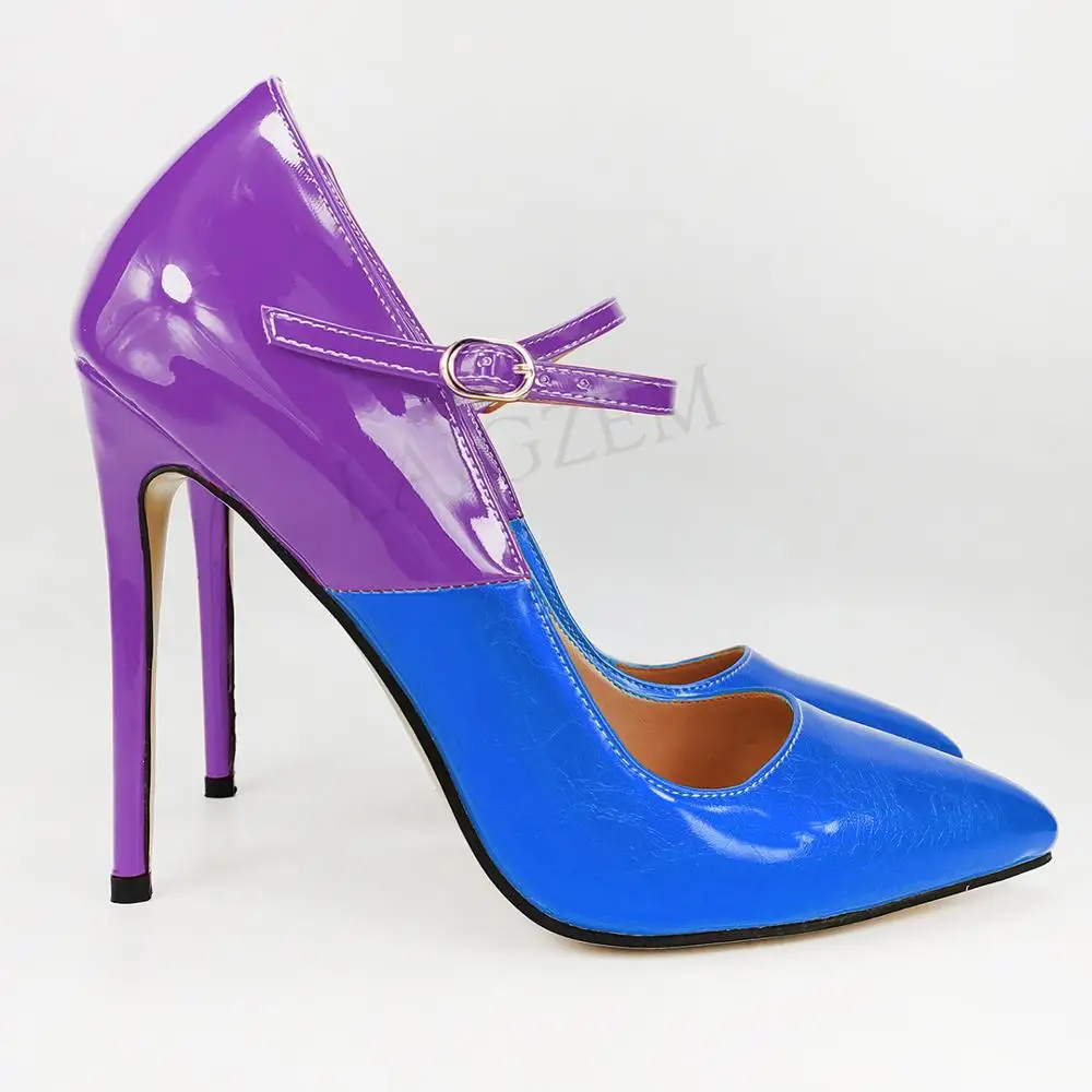 LAIGZEM/; женские туфли-лодочки Mary Jane на каблуке-шпильке в стиле пэчворк; классические модельные туфли; Tacones Zapatos; большие размеры 38, 45, 47 - Цвет: Blue-Purple