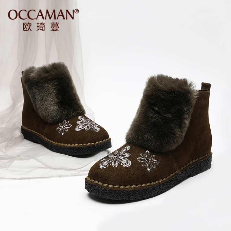 

OCCAMAN Handmade Exquisite Cow Leather Warm Rabbit Fur Shoes Embroidery Design Women Durable Snow Fur Slides Boots 59051