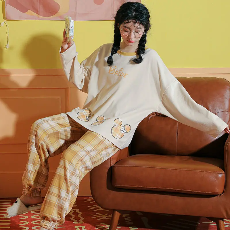 Spring Autumn O-Neck Cotton Sleepwear Long-sleeved Trousers Pajamas Two-piece Women Cute Cartoon Pijamas Nightie Home Clothes