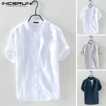 

INCERUN Men Shirt Cotton Stand Collar Short Sleeve Solid Blouse Streetwear Casual Breathable Men Brand Shirts Camisa Harajuku