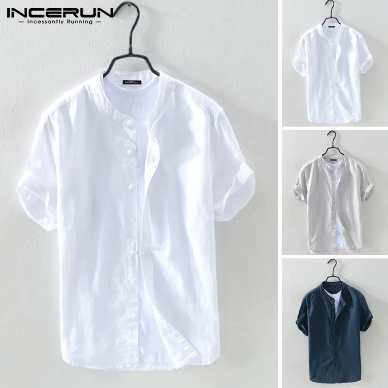 INCERUN Men Shirt Cotton Stand Collar Short Sleeve Solid Blouse Streetwear Casual Breathable Men Brand Shirts Camisa Harajuku INCERUN Men Shirt Cotton Stand Collar Short Sleeve Solid Blouse Streetwear Casual Breathable Men Brand Shirts Camisa Harajuku