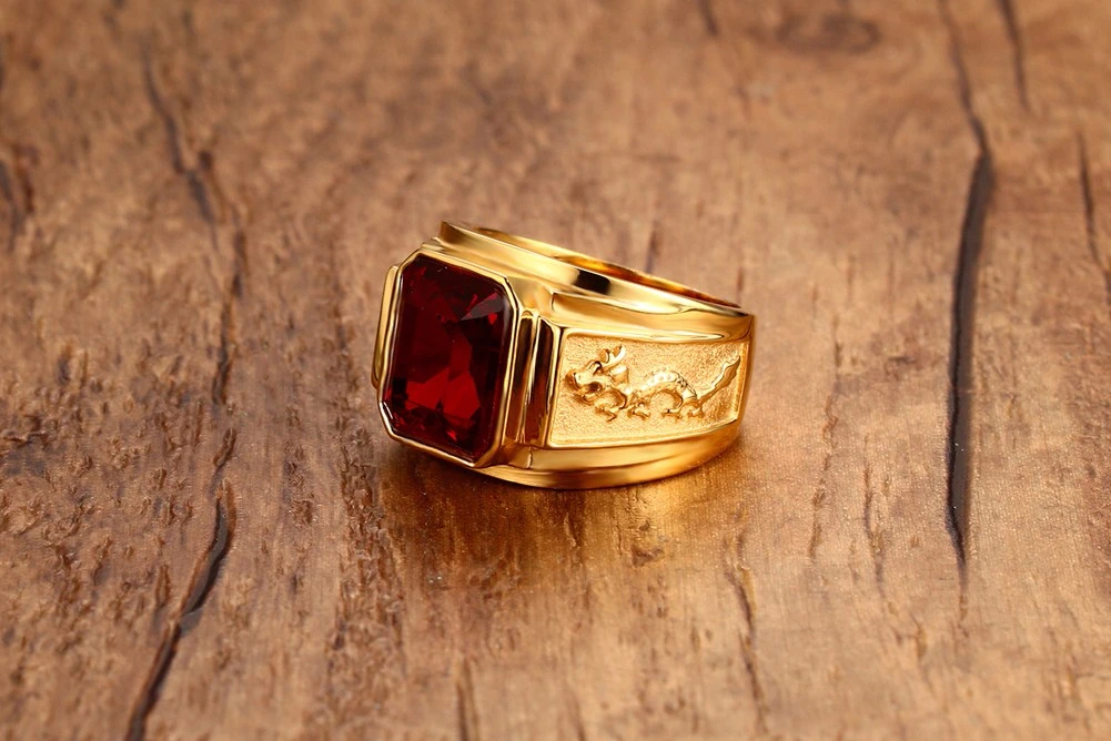Квадратное кольцо с красным камнем в стиле хип-хоп, мужское Золотое кольцо из нержавеющей стали с гравировкой, кольца с драконом, мужские ювелирные изделия