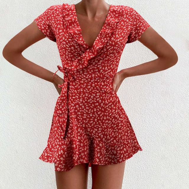 Vestido de gasa con volantes para mujer, vestidos Bandage de manga con estampado Floral y