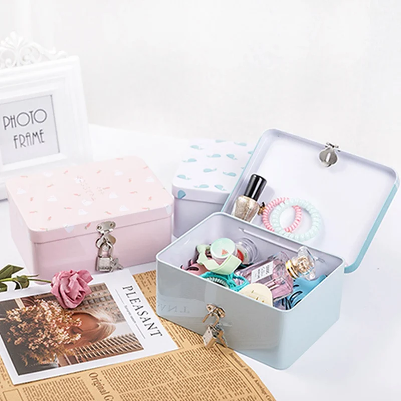 Multifunction Desktop Finishing Lock Storage Box Tinplate Makeup Organizer Drawer Container