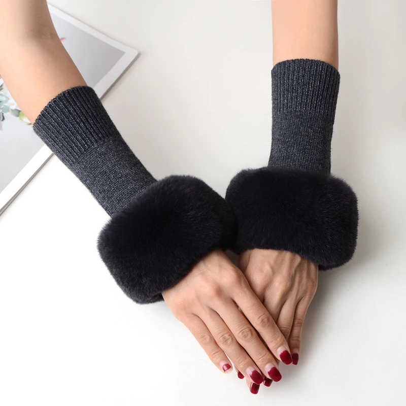 

Women Warm Fingerless Mid-Length Arm Sleeve Cashmere Real Rex Rabbit Fur Cuffs Gloves Winter High Elastic Wool Knitted Gloves