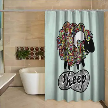 

Indie Waterproof and colorful shower curtain Hipster Doodle Funny Sheep with Colorful Spiral Swirls Drawing Style Comic Country