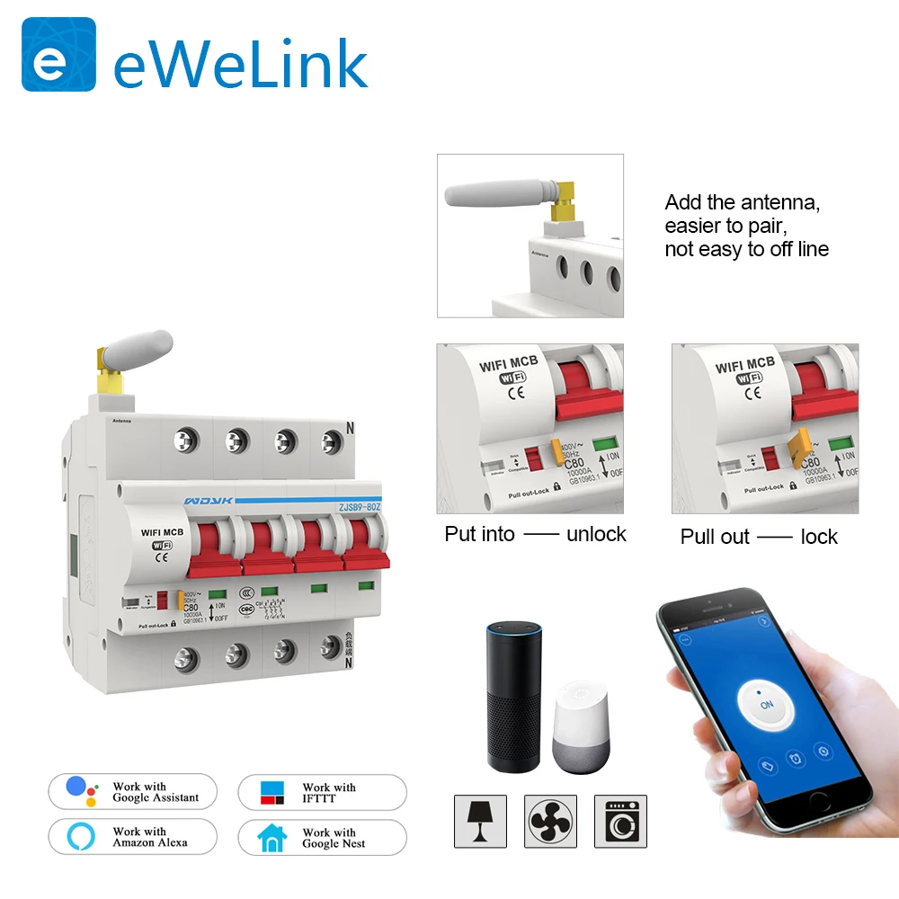 

4P WiFi Smart Circuit Breaker Automatic Switch overload short circuit protection with Amazon Alexa Google home for Smart Home