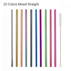 Vibrant Reusable Stainless Steel Straws with Cleaning Brush - Eco-Friendly Drinkware Set (11Pcs Mix Straight A)