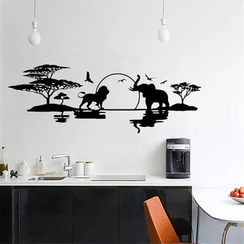 

Art design savannah skyline cheap home decoration vinyl Elephants lions birds wall sticker Vinyl house decor landscapes WL250