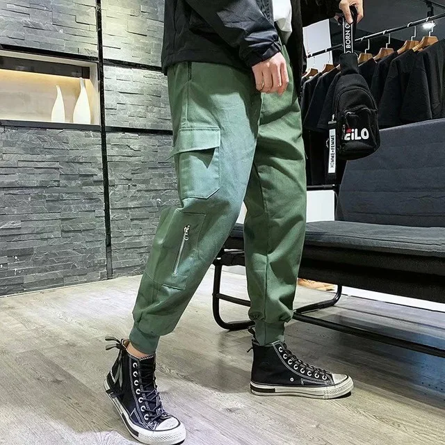 Streetwear Ribbons Casual Pants Men Black Slim Mens Joggers Pants Side-pockets Cotton Man Trousers - Цвет: 8017 green