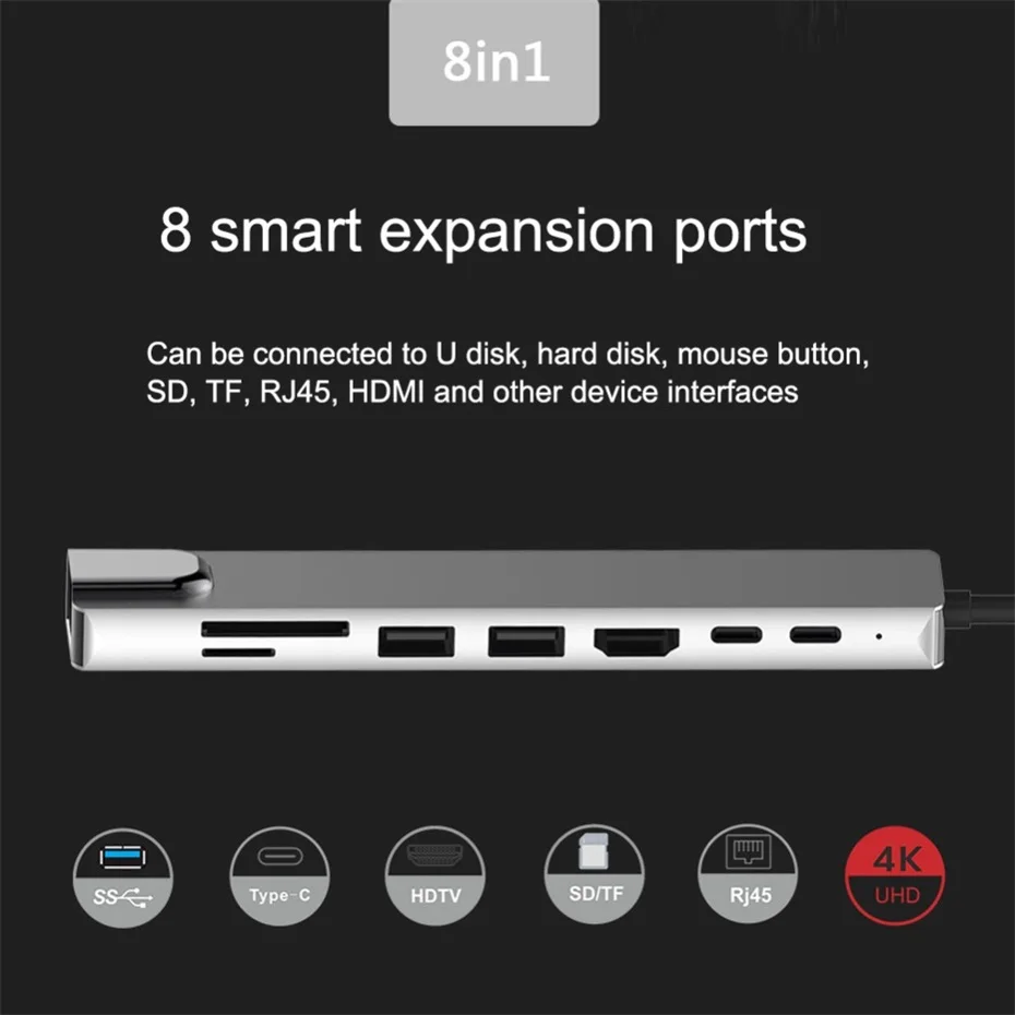 8-в-1 Тип C концентратор USB кабель-Переходник USB C на HDMI USB 3,0 Порты USB 2,0 Порты и разъёмы SD/устройство для считывания с tf-карт USB-C Мощность доставки для MacBook Pro 3,1 сплиттер