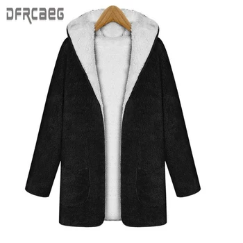 

2019 New Winter Warm Loose Women Woolen Coat Autumn Black Casual Wool Liner Ladies Hooded Jacket Solid Open Stitch Coat Femme