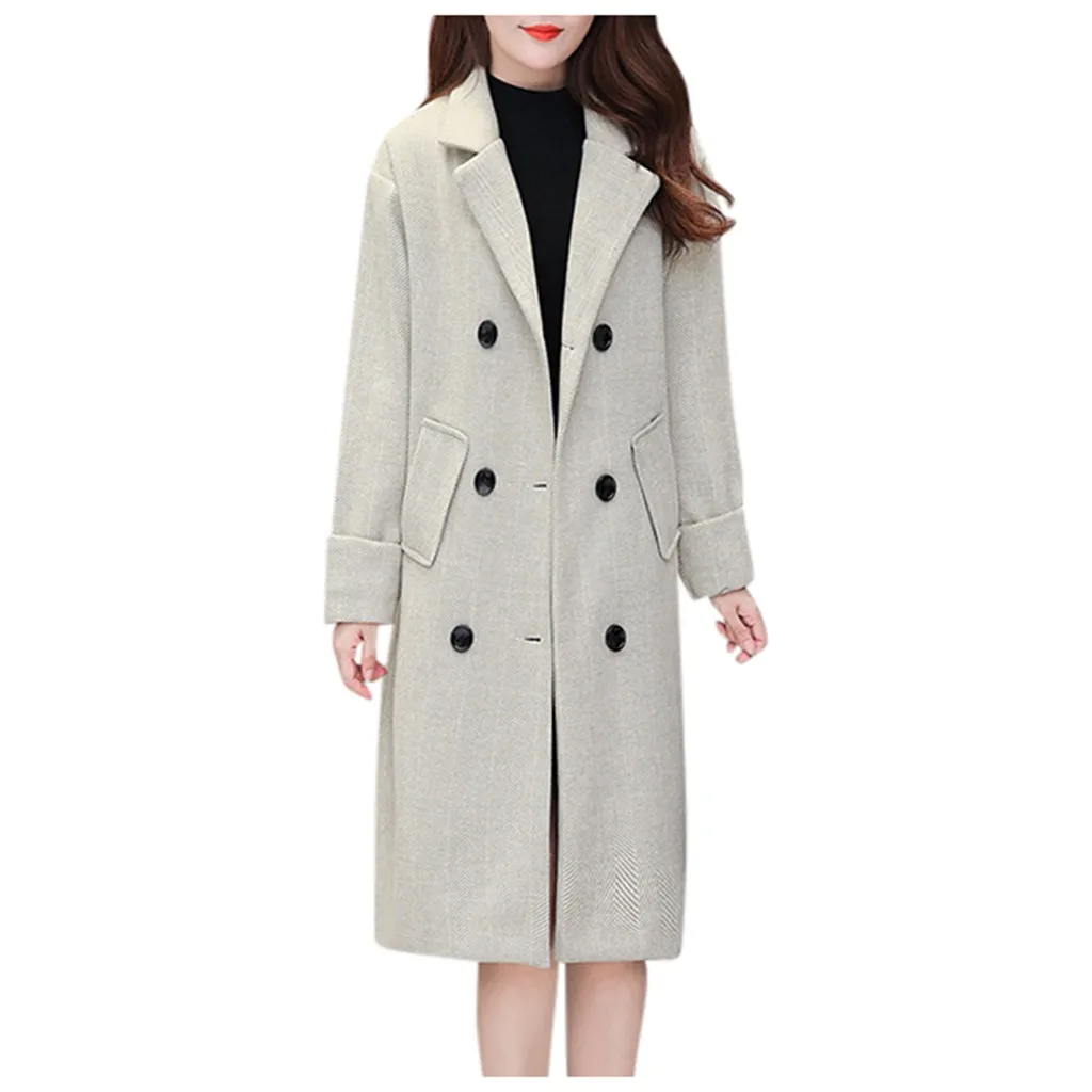 Женское шерстяное и Смешанное однотонное винтажное зимнее шерстяное пальто на пуговицах для офиса с длинным рукавом весенне-осеннее Новое элегантное пальто