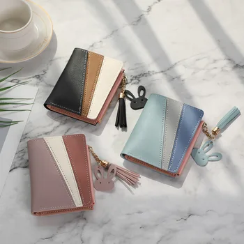 

Bracelet Keychain Card Bag Women Hit Color PU Leather Fashionable Tassel Wallet Wristlet Bags for Women 2020