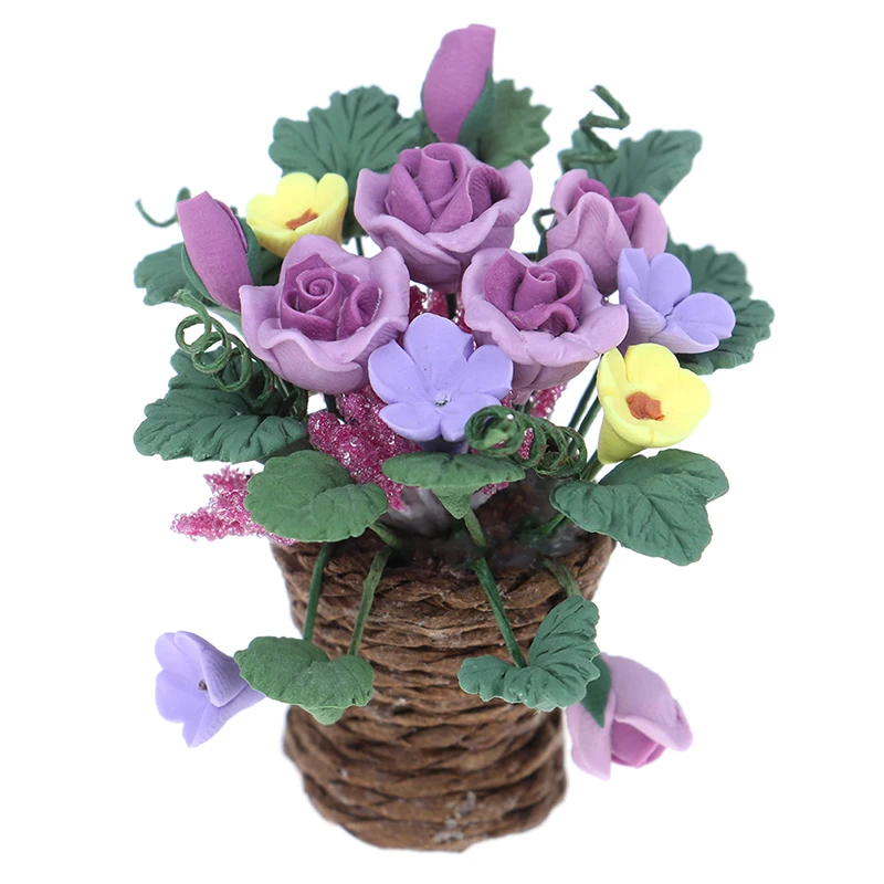 1:12 Scale Purple Flower Dollhouse Miniature Clay Flowers in Rattan Pot Planter Fairy Garden Plant Accessory |