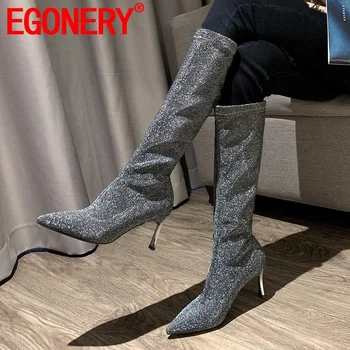 

EGONERY 2019 winter new fashion sexy knee high boots outside high heels pointed toe party women shoes drop shipping size 34-39