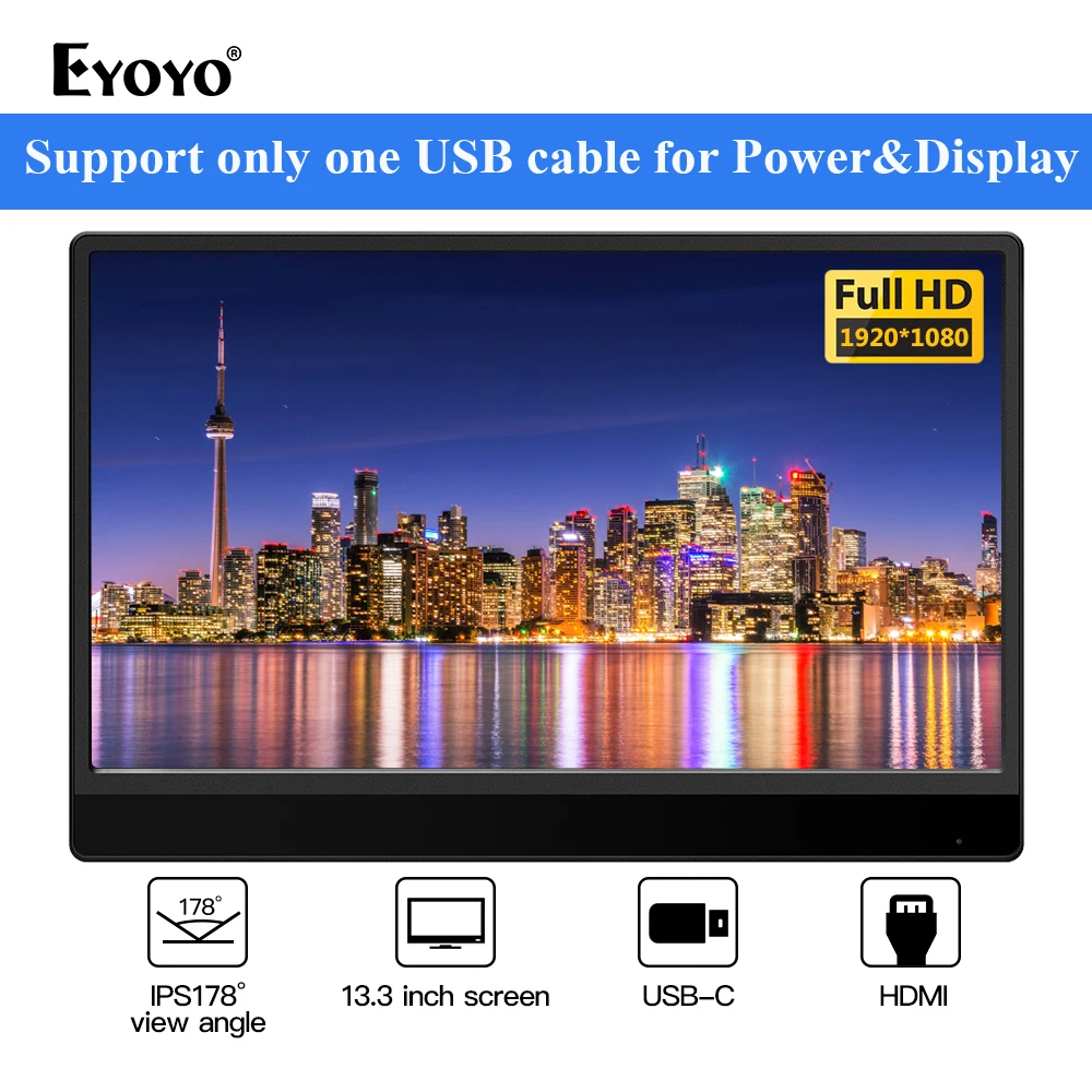 

EYOYO EM13R IPS Portable Monitor 13.3" HDMI screen LCD USB Type-C FHD 1920X1080 for raspberry pi PC PS4 Laptop Phone Xbox Switch