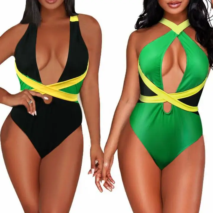 Backless lace up sexy color patchwork women bodysuits beach wear 2 colors casual fitted short overall BLY6013G