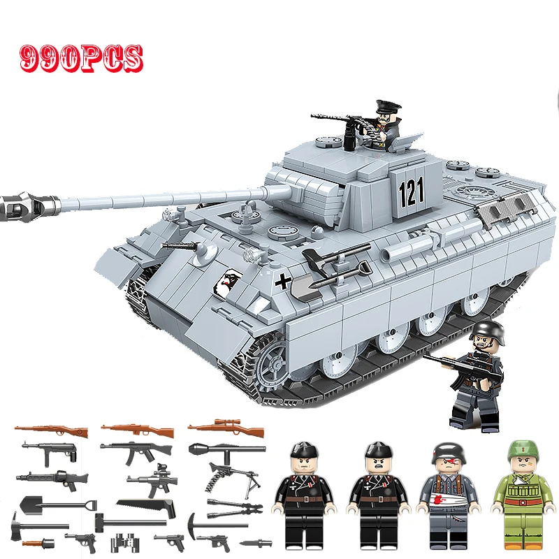 

HOT 990PCS Military Germany Panther Tank 121 Building Blocks WW2 Military Assembled Tank Army Soldier figures Weapon Bricks Toys