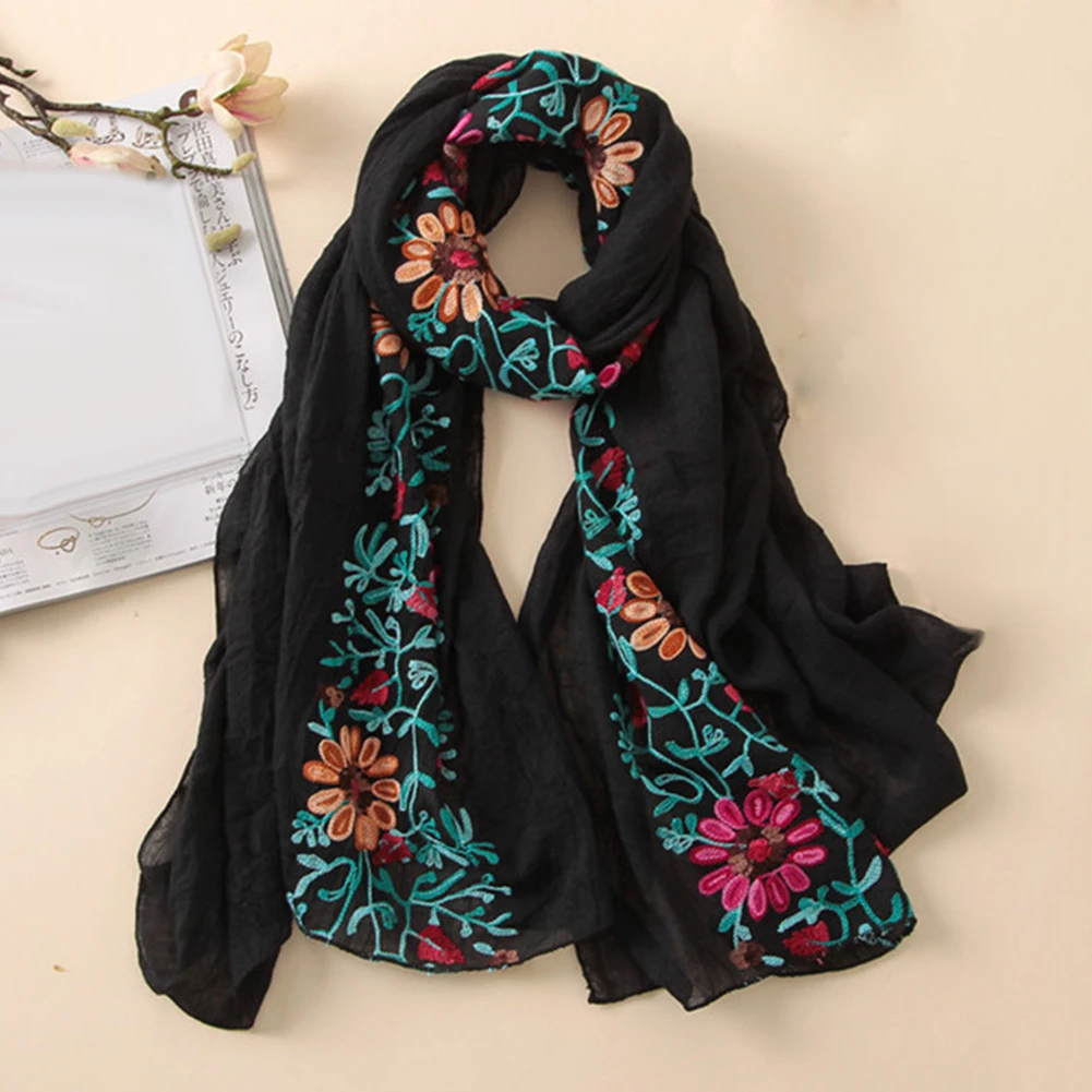 Вышитые шарф с цветами хлопковая Для женщин длинный широкий шарф банданы шарфы шаль для девочки подарок