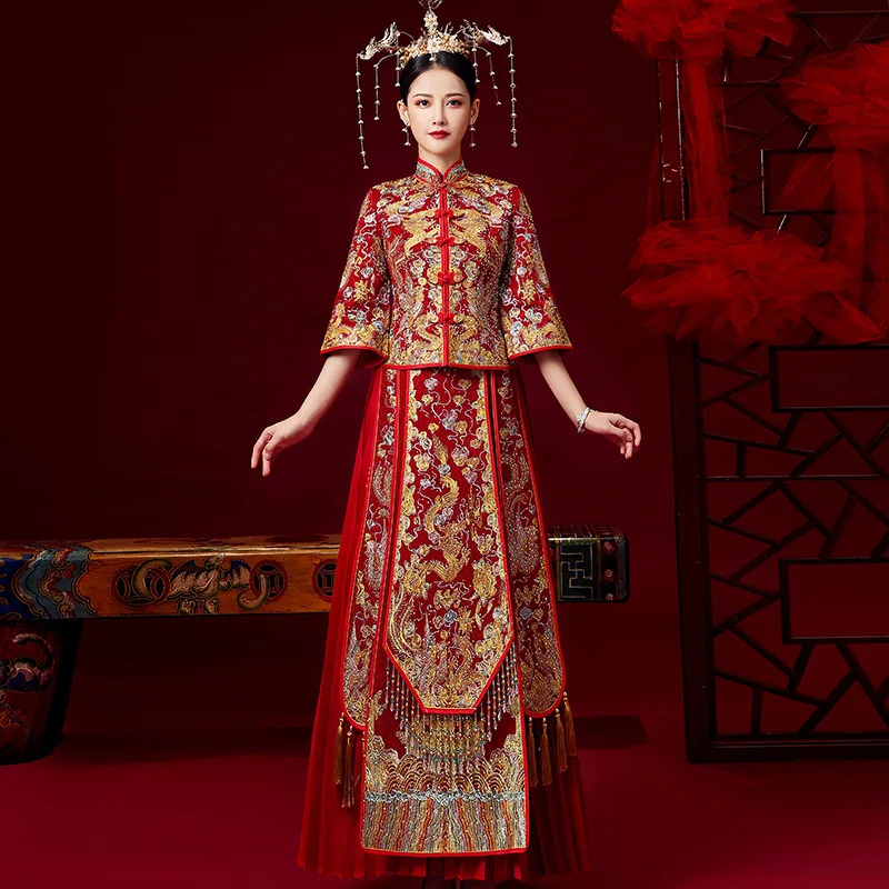 Китайское традиционное свадебное платье чонсам дракон Феникс одежда Qipao вышивка