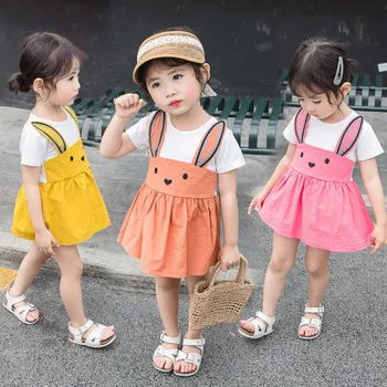 

Cartoon Rabbit Pattern Dress For Girl Fake 2 Piece Design With A Cartoon Pattern Short Sleeve Dress For Baby Girl