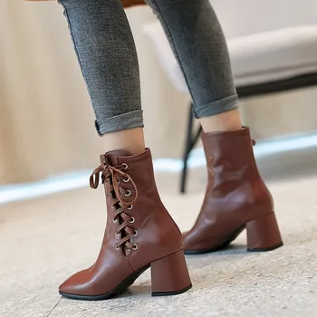 

MLJUESE 2020 women ankle boots cow leather lace up brown color vintage high heels winter short plush women boots party dress