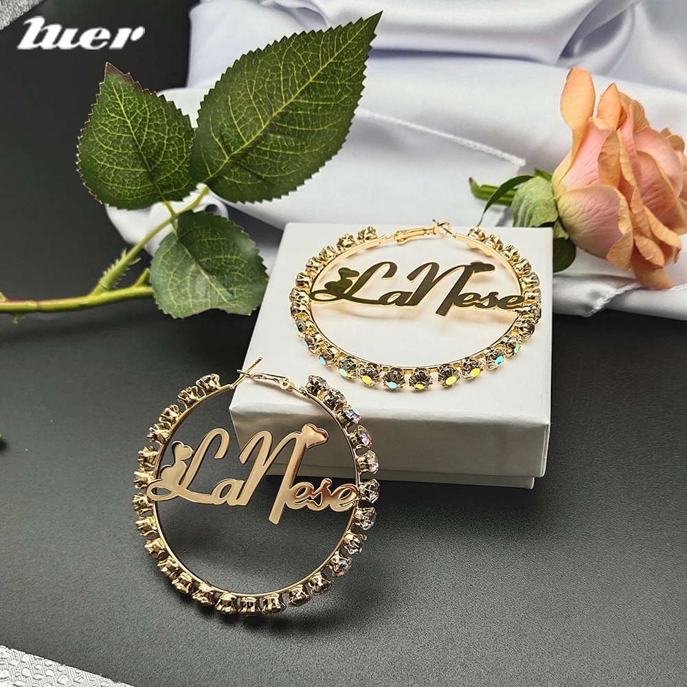 LUER Custom Name Earrings Stainless Steel Crystal Nameplate Hoop Earrings for Women Personalized Jewelry Gifts for Women