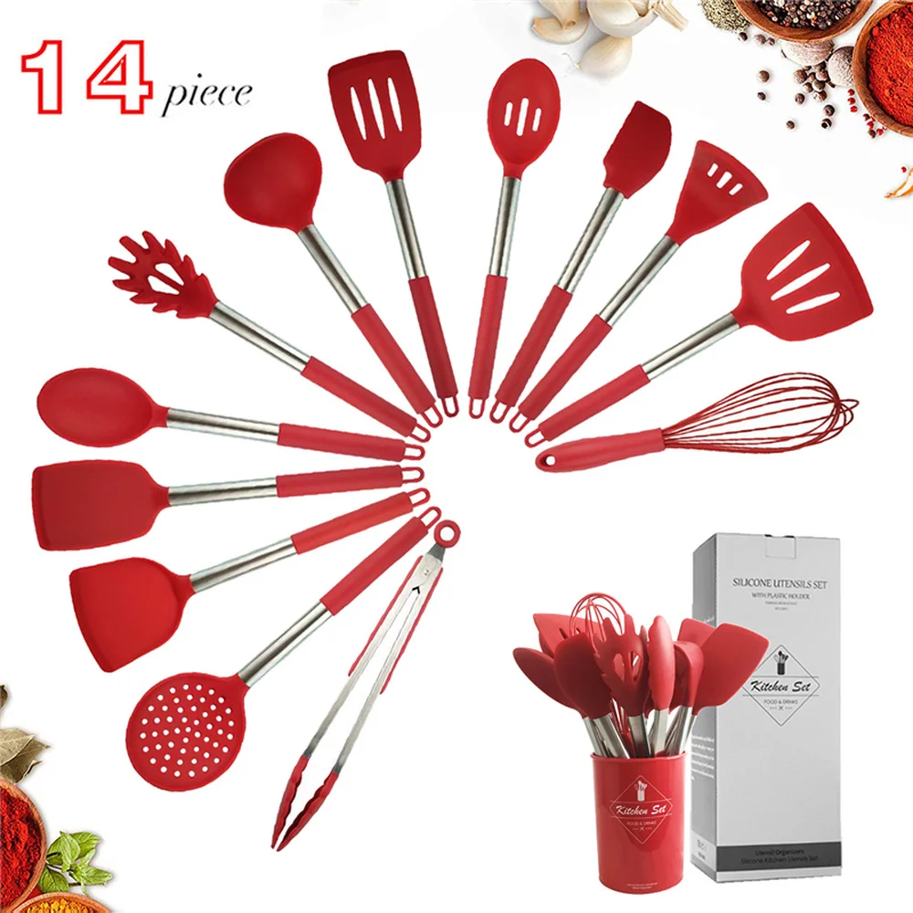 

New Kitchen Utensils Set 13/14Pcs Cooking Tools Silicone Stainless Steel Non-stick Spatula with Storage Box Spatula Cookware Set