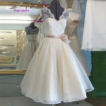 

Ivory Champagne Tea Length Wedding Dress Short Bridal Dresses 2020 Vestido de Noiva Curto Boho Wedding Gowns China Flowers Lace