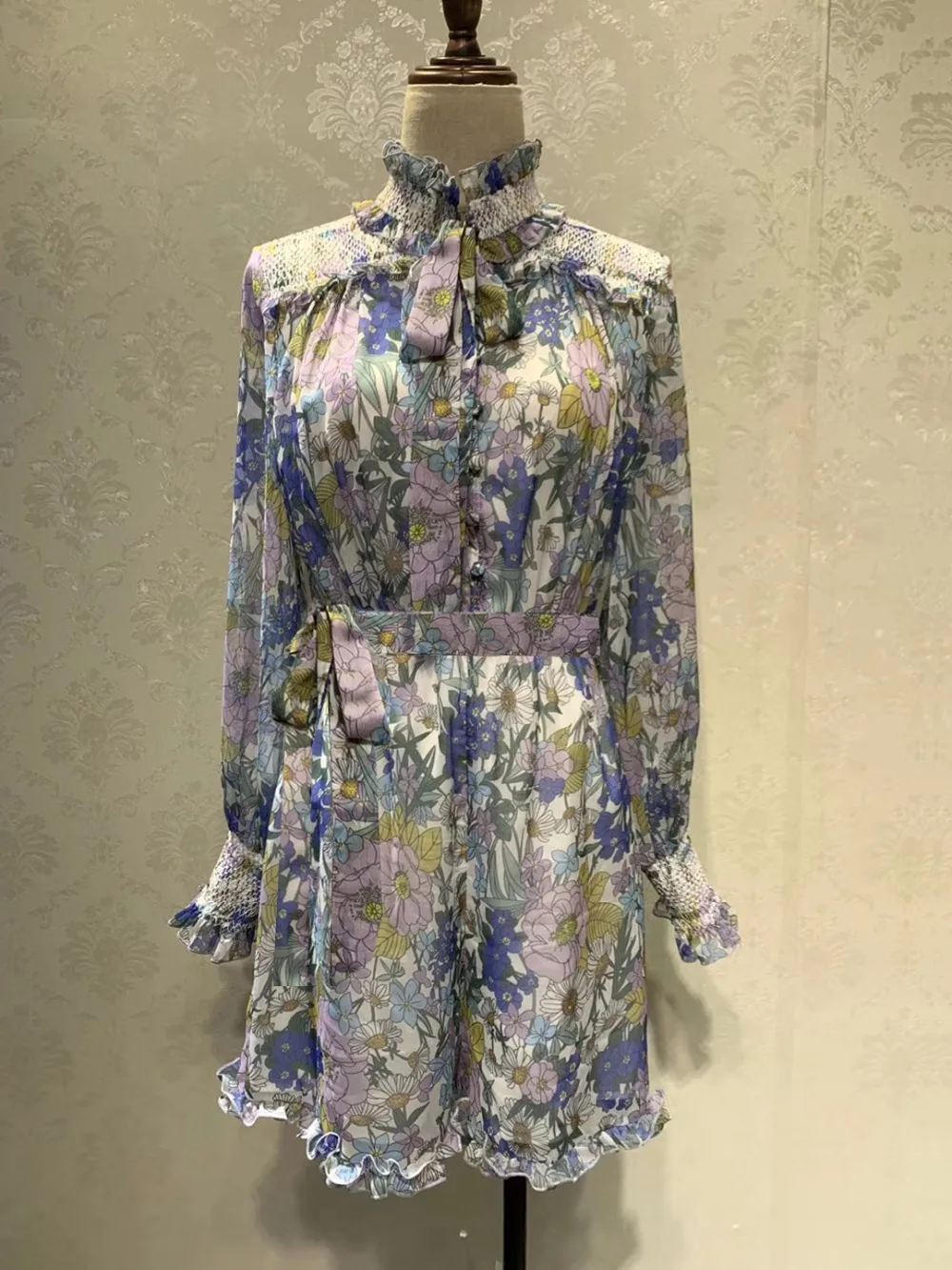 [LIVIVIO] Fashion Tumblr Autumn Winter Light Blue Floral Print Stand Collar Waist Cuff Long Sleeve One-Piece Shorts Playsuit