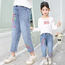 Джинсы для девочек, весна-осень, новые стильные розовые джинсы с рисунком Пантеры, весенние универсальные штаны для детей 3-12 лет