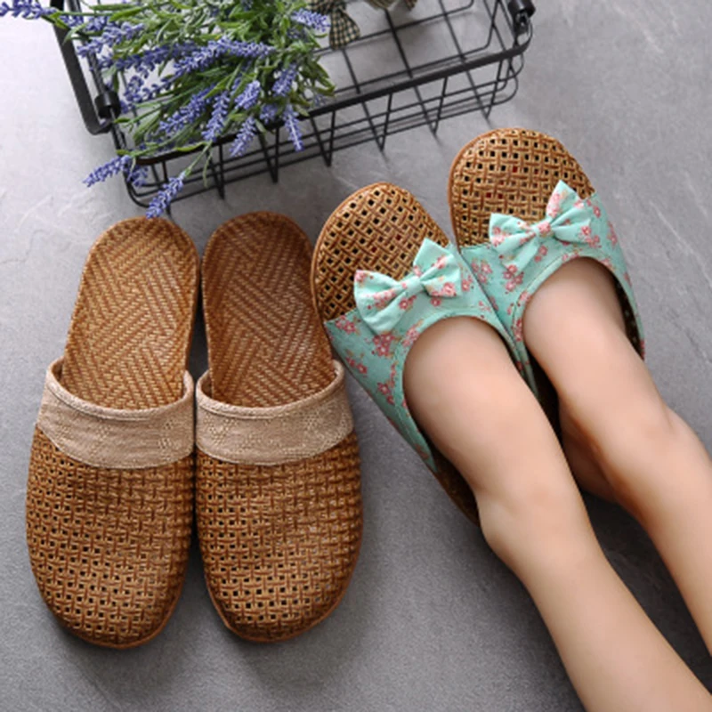 

Natural Bamboo Rattan Home Slippers Summer New Linen Cane Grass Weave Women Flat Slippers Cute Bow-knot Flower Home Shoe 2020