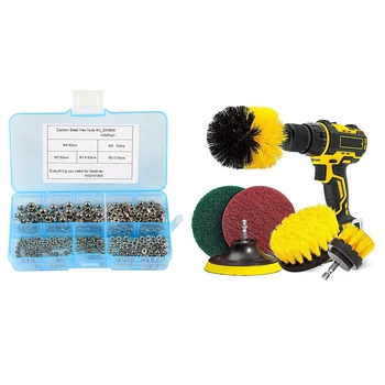 

250Pcs M1.6 M2 M2.5 M3 M4 Carbon Steel Hex Nut Kit & 1 Set Drill Brush & Scrub Pads,Power Drill Scrub Brush Attachments