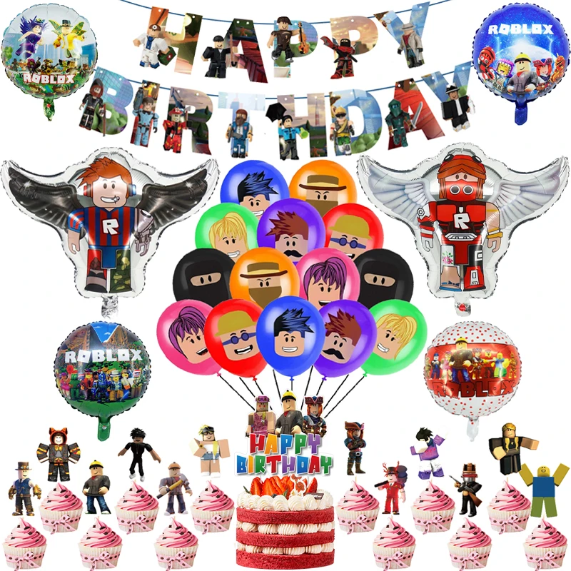 Robloxs Foil Ballons Robot Boy Latex Balloons Happy Birthday Banner Party Decorations Robloxed Pixel Game Flag Kids Cake Topper | Дом и сад