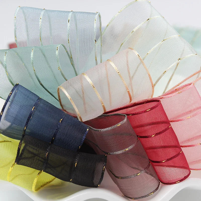 

20yards High quality soft Silk Organza ribbon with metallic line Bow material hair ornament gift wrapping decoration lace ribbon