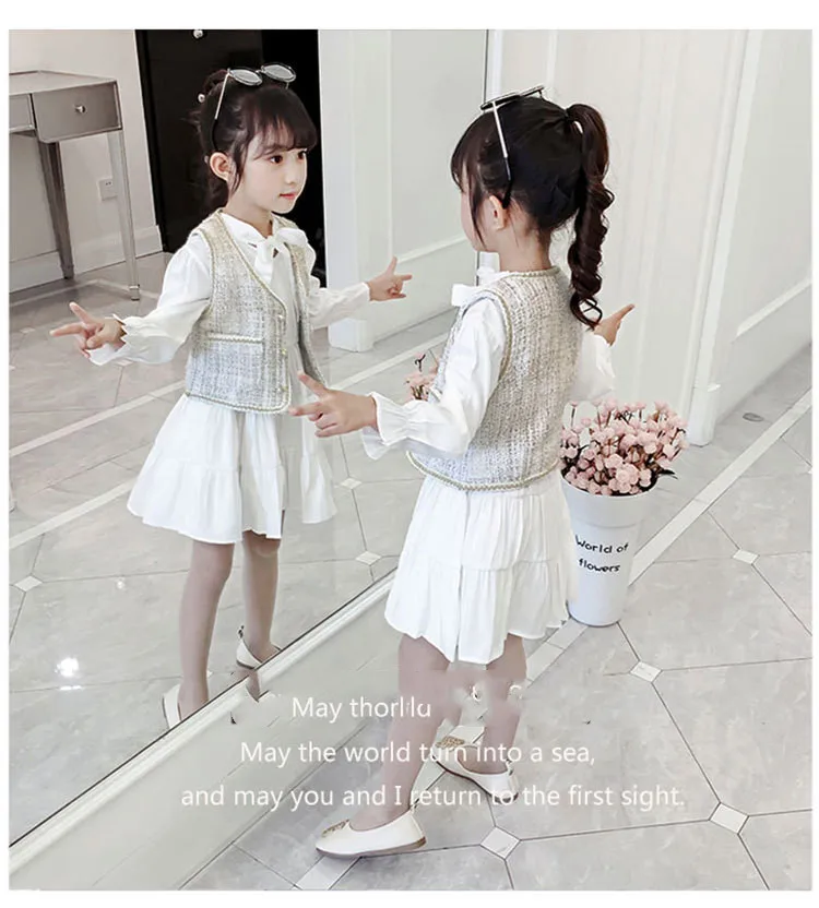 New autumn/spring European little CC style sleeveless vest+long-sleeved princess dress fashion set suits for teenage girls