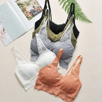 

Women Wireless Bra Padded Bralette Sexy Lace Bras Summer Crop Top Vest Embroidery Floral Tank Tops Underwear