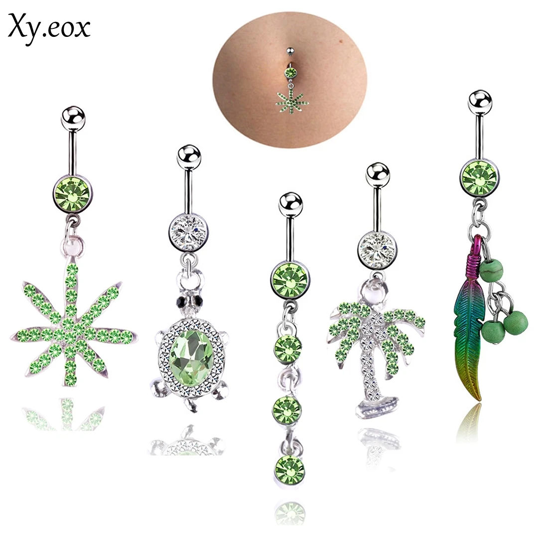 5Pcs Green Crystal Leaf Turtle Belly Button Dangle Navel Ring Set Surgical Steel