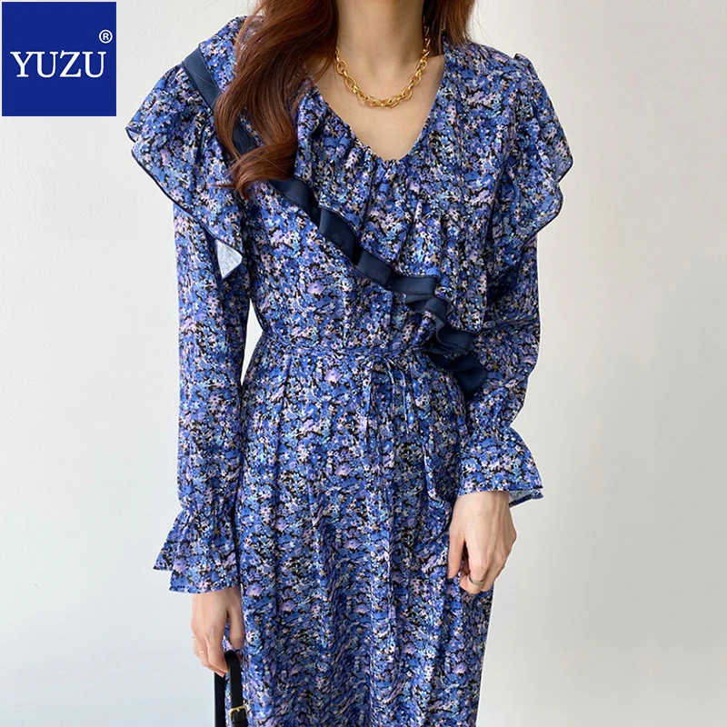 

Maxi Dresses For Women Fashion Blue Pink Sweet Flower Print Loose Ruffles Mid-calf Flare Sleeve V Neck Spring Dresses