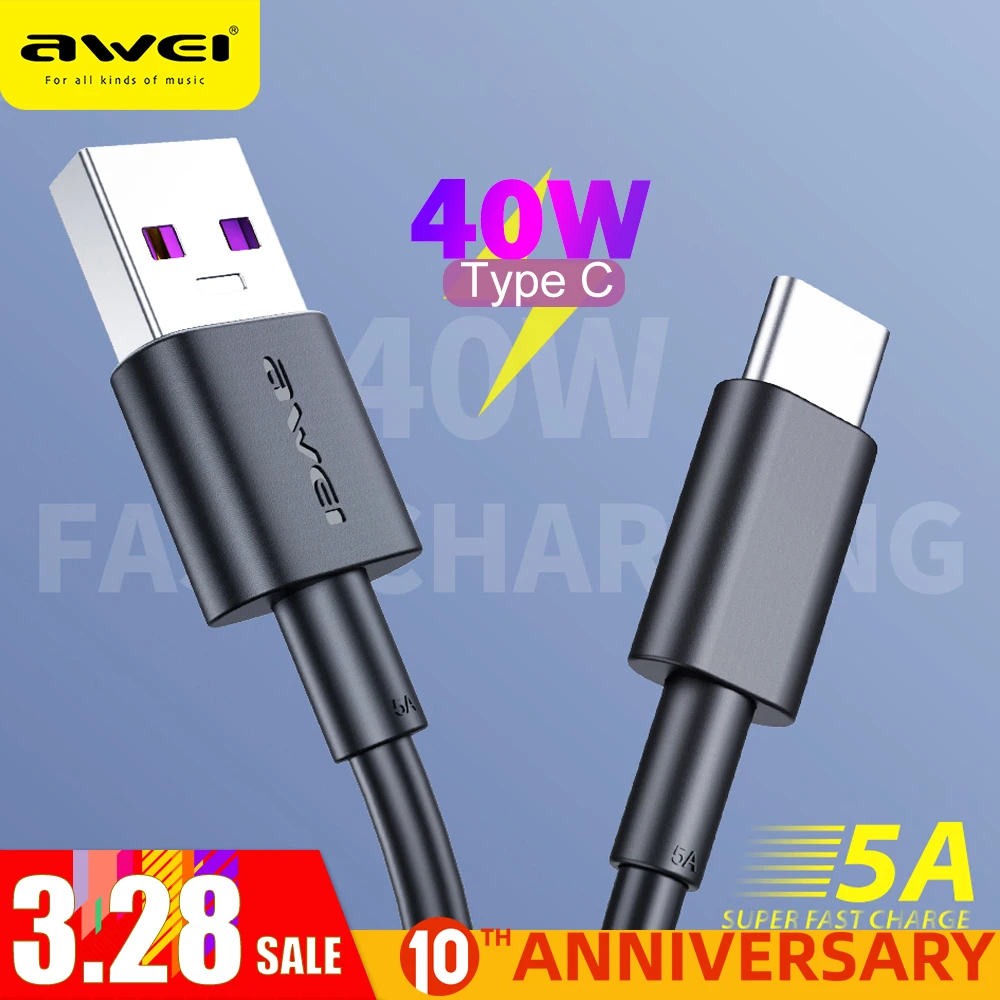

Awei CL-77T 5A Fast Charging Cable USB to Type C 40W Data USB C Cable for Phone iPhone 11 Huawei Xiaomi