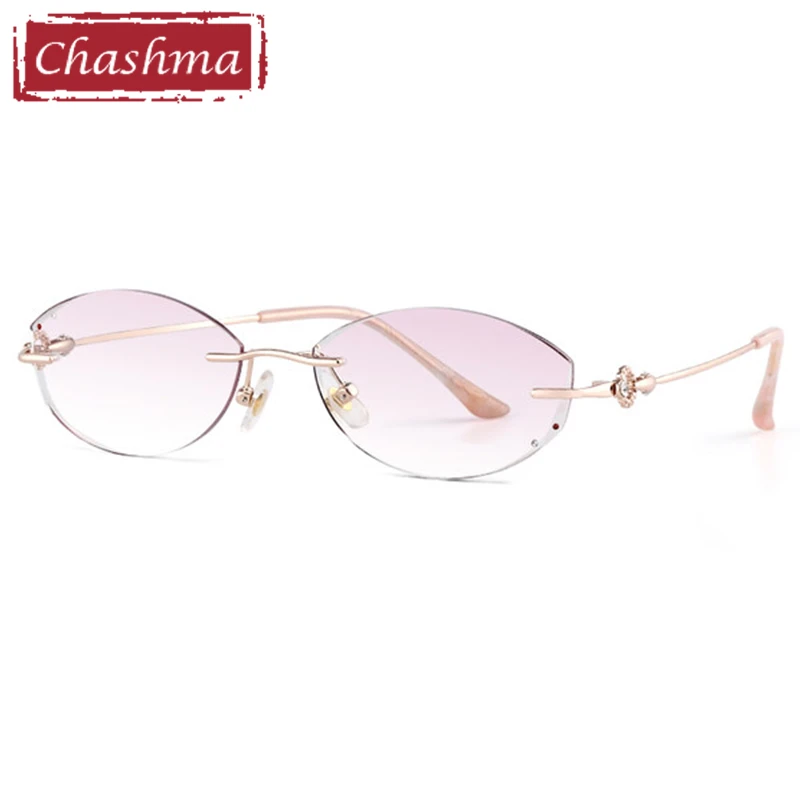 Luxurious Prescription Glasses for Women Rhinestone Gradient Colored Lenses Rimless Frame - Цвет оправы: Gold with Pink