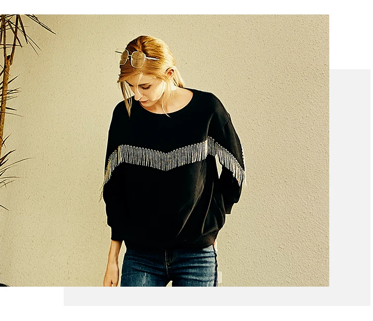 L~ 4XL 5XL Beadings Tassel Women Cotton Sweatshirt Black Long Batwing Sleeve Tee Shirt Big Size Ovesize Casual Tops AOFULI A4074