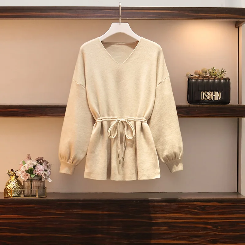 Apricot Sweater Trytree осенне-зимний комплект из двух предметов, повседневный свободный однотонный топ с v-образным вырезом и разрезным поясом+ платье на бретельках, Черный Модный комплект из 2 предметов - Цвет: Apricot Sweater