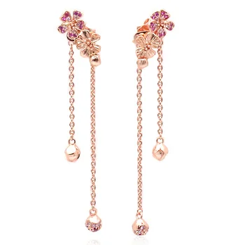 

New 925 Sterling Silver Earring Rose Peach Blossom With Pink Crystal Hanging Stud Earring For Women Wedding Gift Jewelry