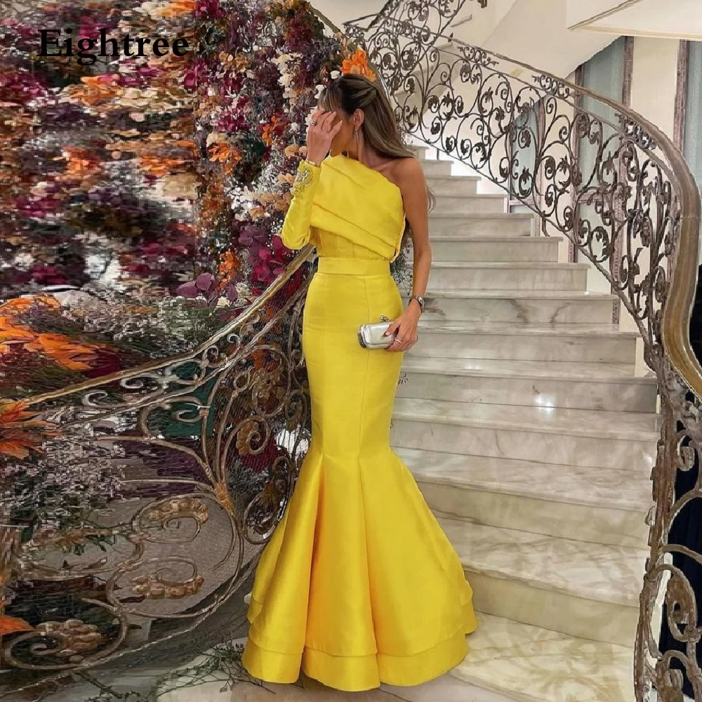 black formal gown Eightree Yellow Mermaid Long Evening Party Dresses One Sleeves Shoulder Strapless Appliques Prom Gowns Formal Night Prom Dress ball gown for women