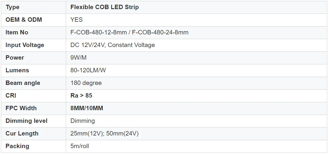 Dimmable COB Strip, Sem Ponto de Luz,